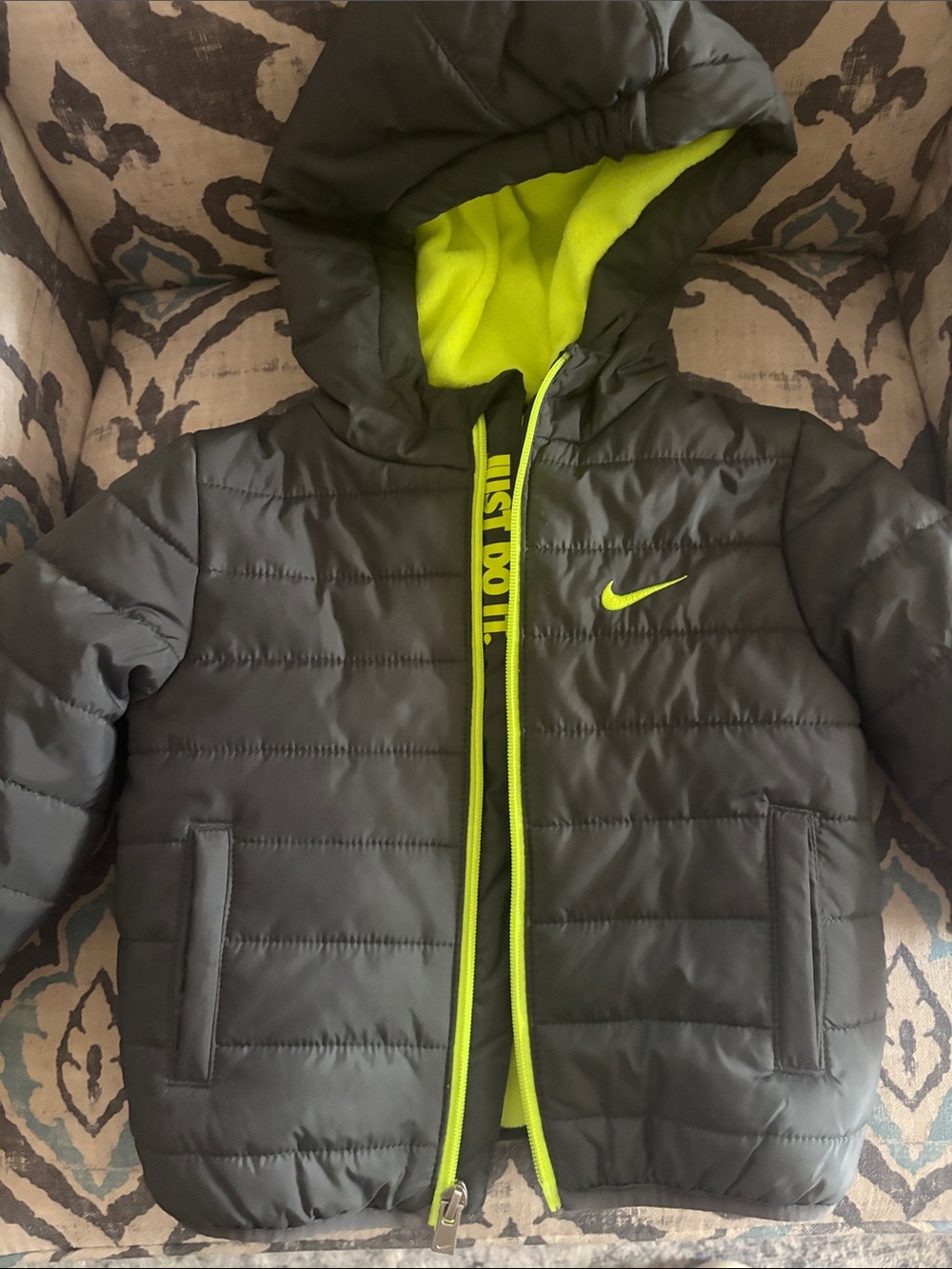 Nike Black Puffer Jacket with Neon Green Accents and Hood
